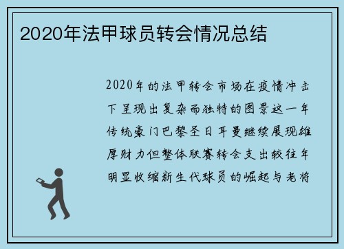 2020年法甲球员转会情况总结